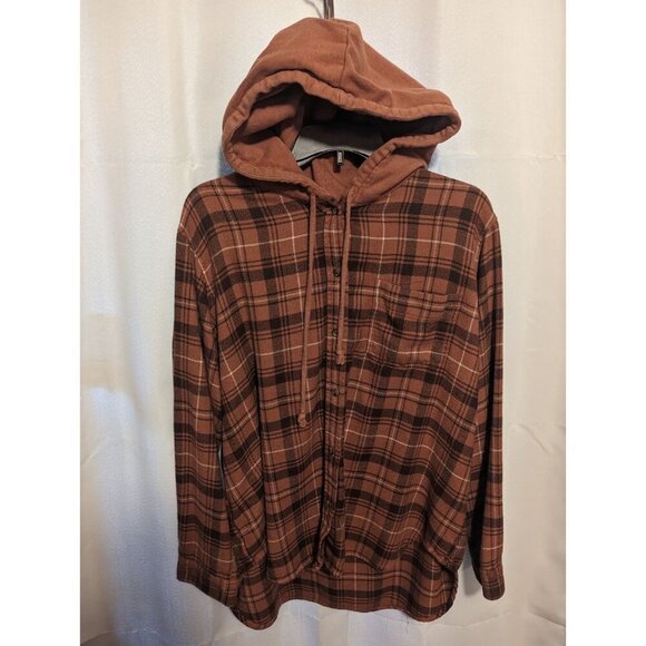 American Eagle Womens Flannel Hooded Shirt Jacket Size large Burnt Orange - Picture 1 of 16